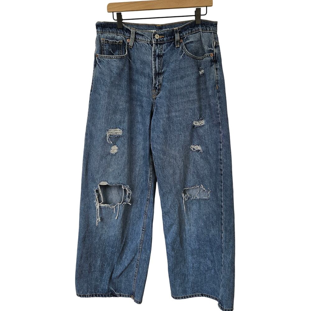 Old Navy Extra High Rise Wide Leg Distressed Jeans‎ 12 Blue Baggy Loose Fit